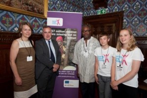 young ambassadors Sam Whittingham and Millie Wells at the Houses of Parliament with MPs and guest speakers as part of the Send My Friend To School campaign to highlight the global teacher shortage to UK polititians. with Marge Mayne - CEO of VSO. . Chair Mark Williams -Lib Dem MP. Dr Edem Adubra - International Task Force on Teachers For Education For All.