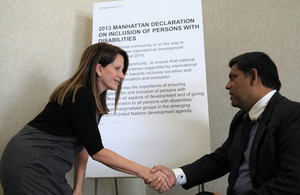 Lynne Featherstone MP signs disability declaration at UN in New York.