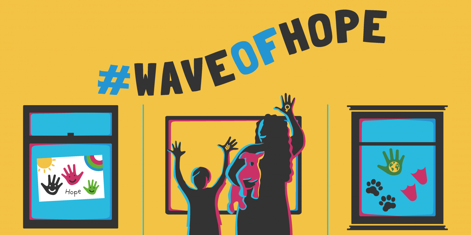 colourful graphic illustration of a silhouette of a child and adult (who is holding a dog) waving through their window. #WaveOfHope is written in wavy writing across the top and there are crafty hand prints displayed in the other two windows