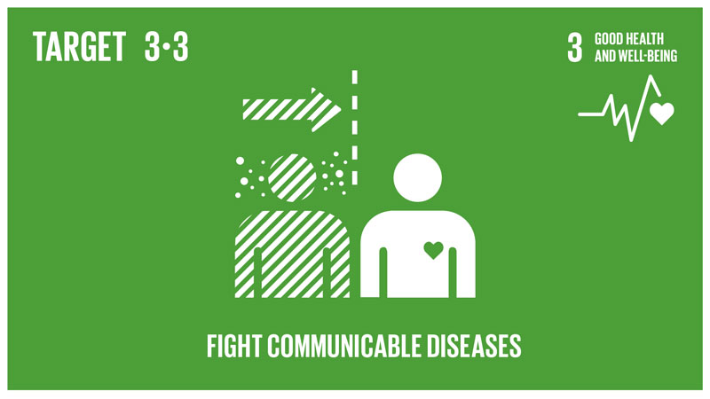 green with white text. Top right corner: Target 3-3. Top left corner: 3 Good health and well-being. Centre image: striped cartoon figure with circles around the head, separated by a dotted line and an arrow pointing to a full figure with a heart symbol.Text at the bottom: Fight Communicable diseases