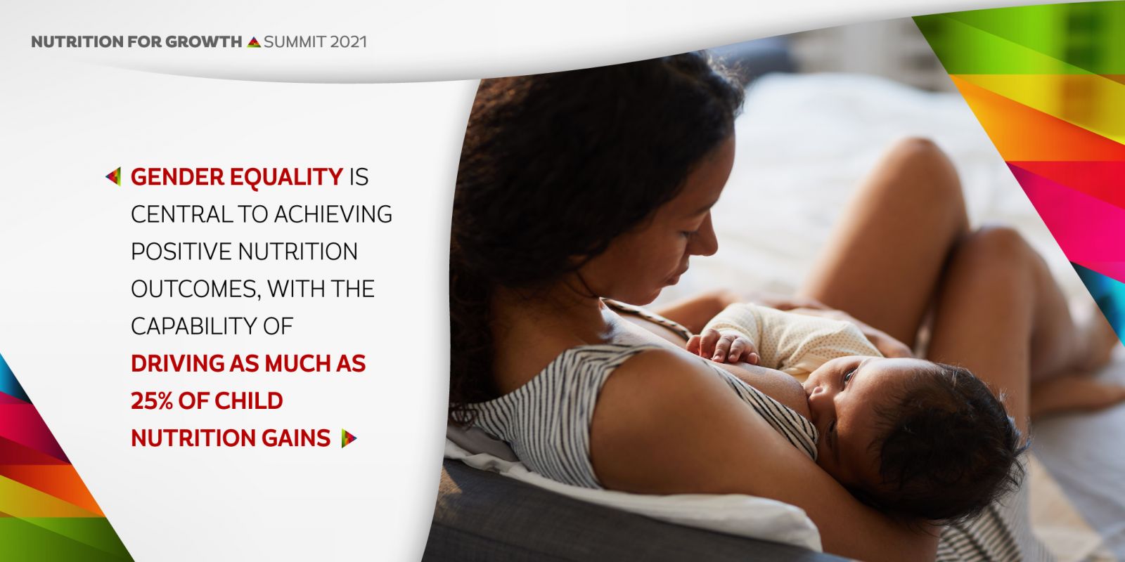 Nutrition for growth summit 2021  Left hand side text: Gender equality is central to achieving positive nutrition outcomes, with the capability of driving as much as 25% of child nutrition Gaines Right hand image: woman breastfeeding a baby