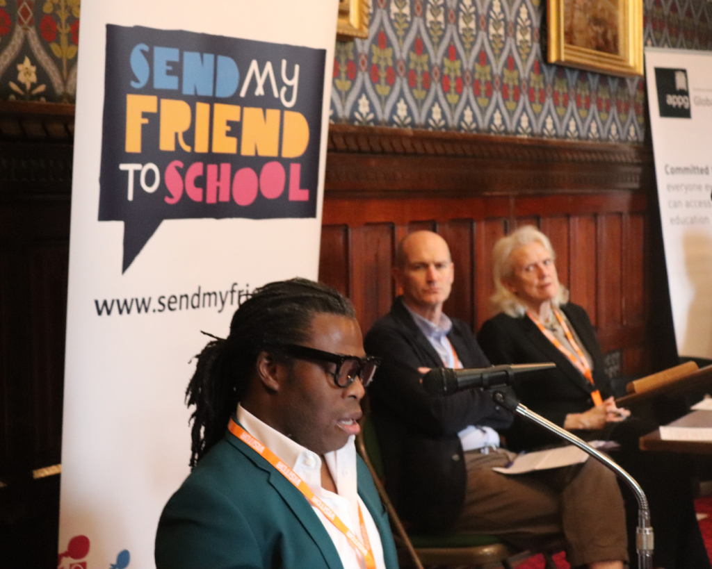 Ade Adepitan, television presenter and Paralympian, speaks on the importance of education at the Invest in My Friends’ Learning campaign launch in Parliament.